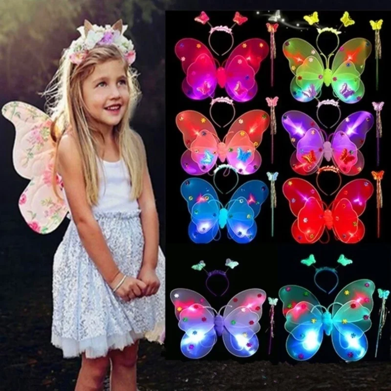 

3Pcs/Set Double Layers Girls Led Flashing Light Fairy Butterfly Wing Wand Headband Costume Toy Gift