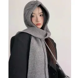Korean Version Knit Hat Women's Scarf And Mask In One New Winter Balaclava Hat With Hood And Scarf Wool Hat