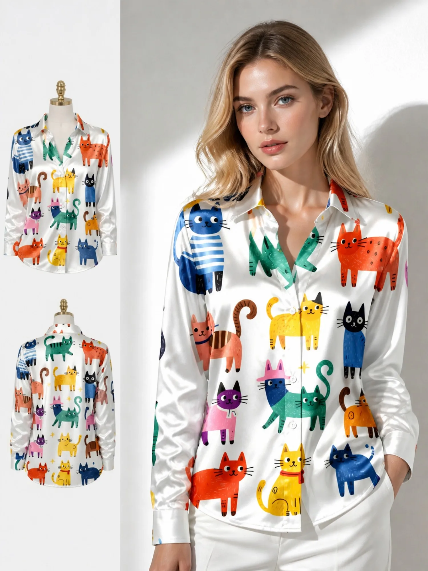 

White Colorful Cat Satin Blouse for Women Long Sleeve Button Down Shirt Cute Pet Print Casual Silky Top