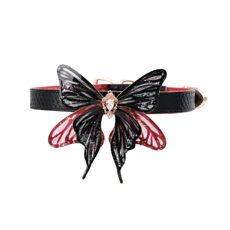 Adult Games Gothic Dark Butterfly Choker Necklace, Black & Red Snake Pattern Faux Leather Collar with Glitter & Crystal Accents
