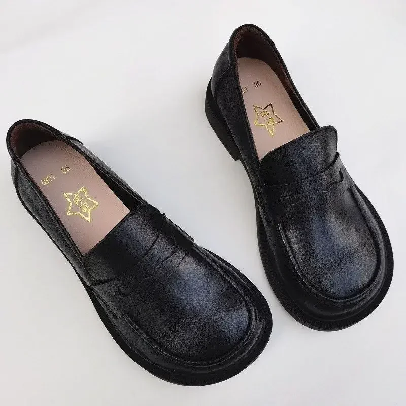 spring 2024 wide toe loafers shoes women genuine leather shoes cowhide original single flat soft sole casual shoes