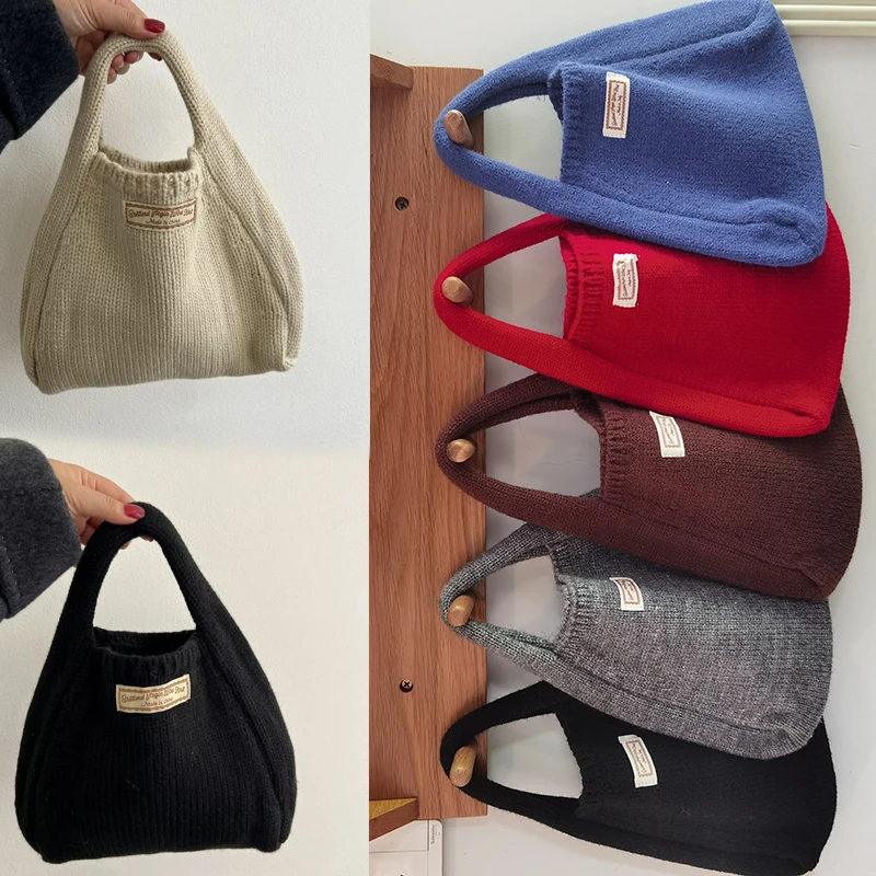 Solid Color Single Shoulder Knitted Mini Top-Handle Bag Reusable Woven Armpit Bag Crochet Pattern Material Tote Travel Handbag