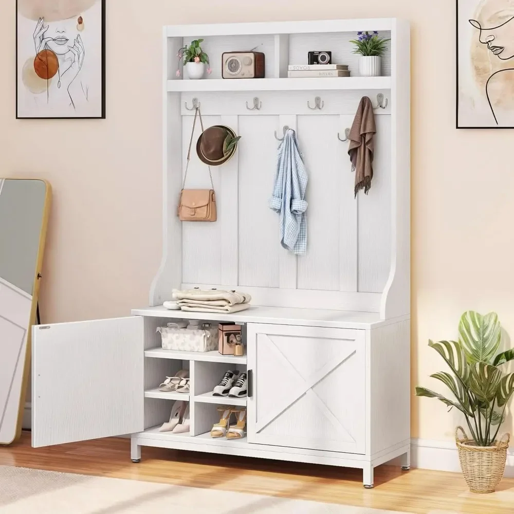

Hall Tree with Storage Bench, Farmhouse Entryway Bench with Coat Rack, Storage Shelf and Shoe Storage, Freestanding Entranc