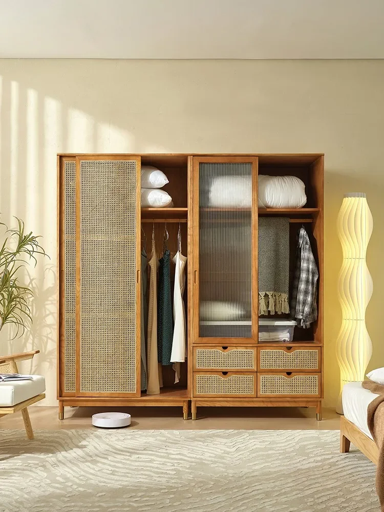 

Solid wood rattan wardrobe glass sliding door storage cabinet retro wardrobe combination