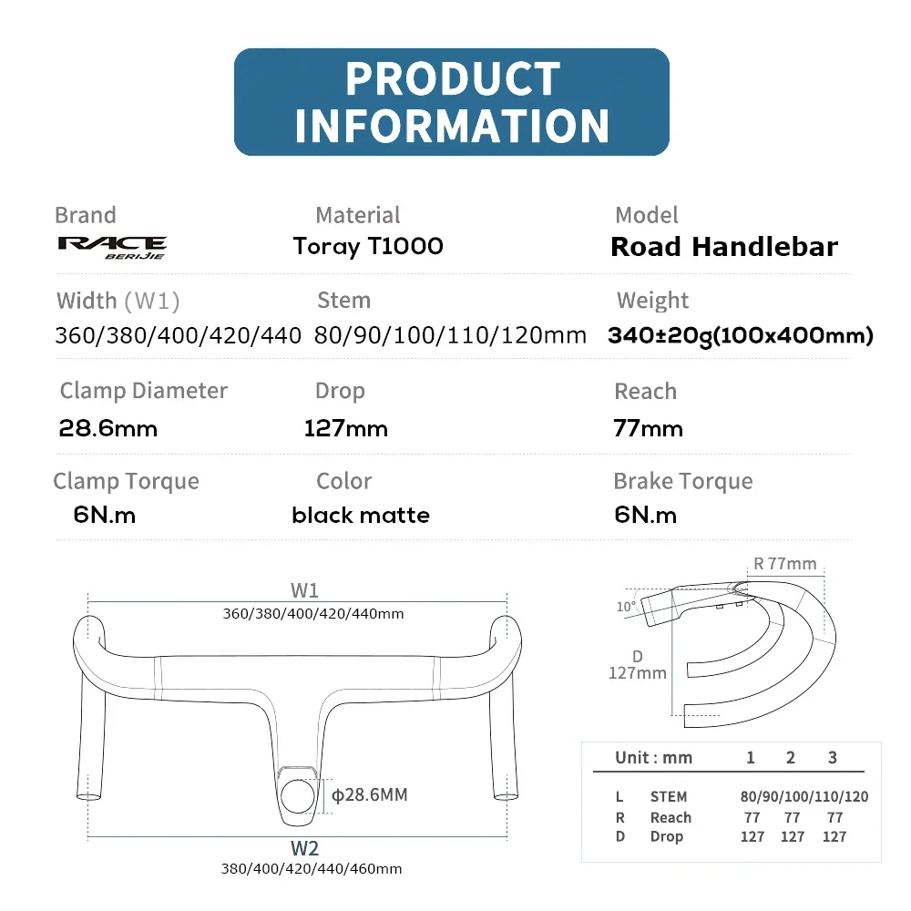 BERIJIE T1000 Carbon Road Bicycles Handlebar Width360/380/400/420/440MM Clamp Diameter28.6mm Includes Computer Holder and Gasket