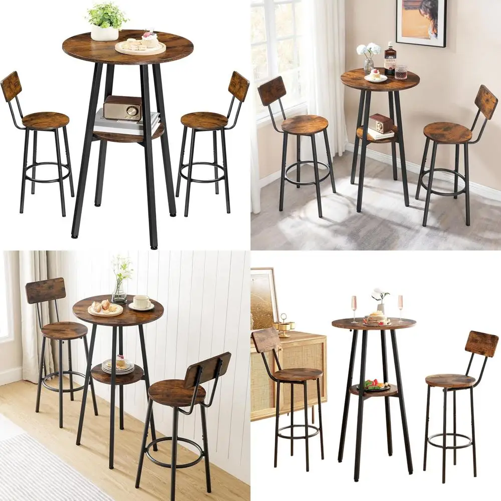 Space-Saving Round Bar Table Set with Chairs, Rustic Brown Dining Option
