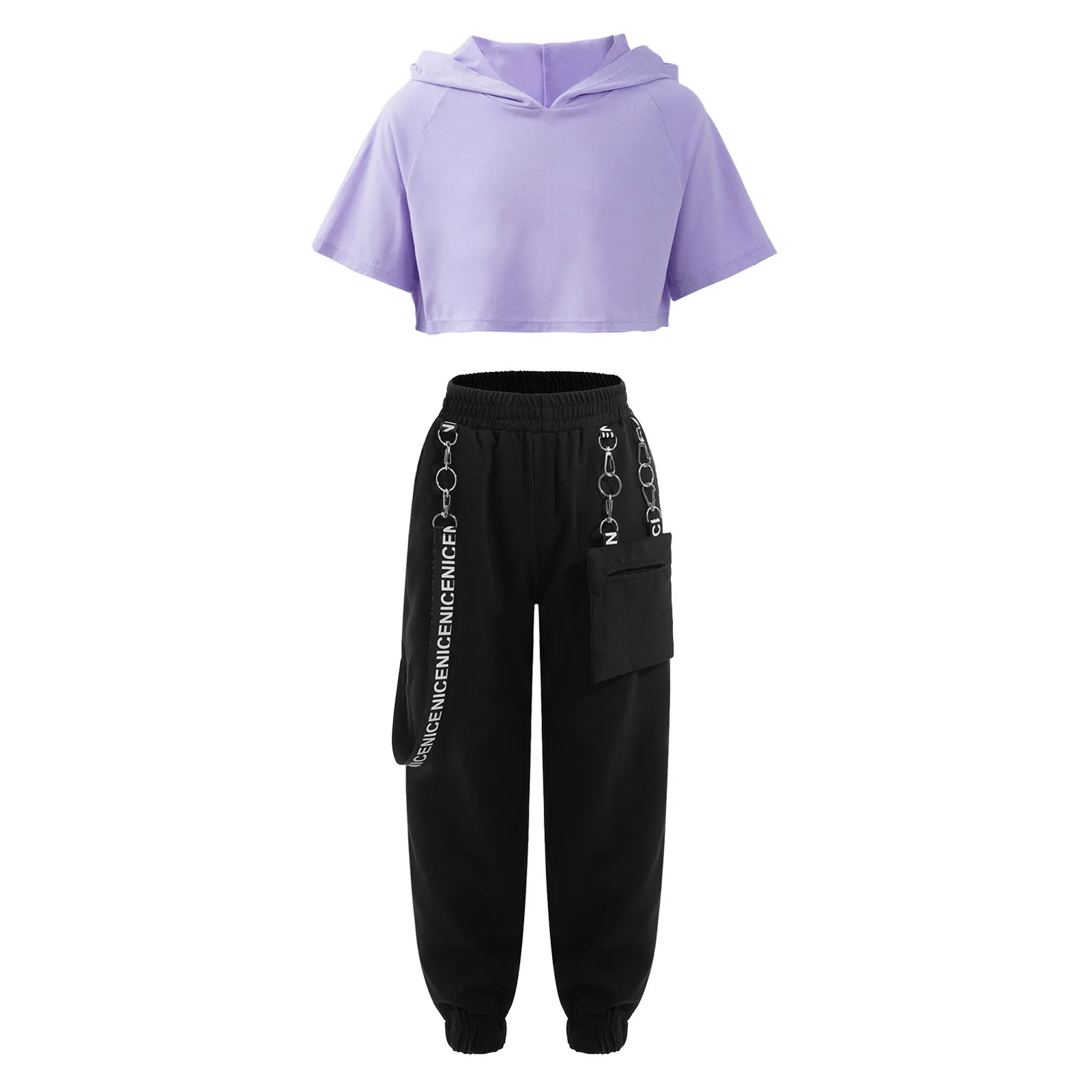 2 Stuks Kids Meisjes Jazz Hiphop Dance Outfit Korte Mouw Capuchon Crop Top Met Metalen Ketting Broek Joggingbroek Skateboarding