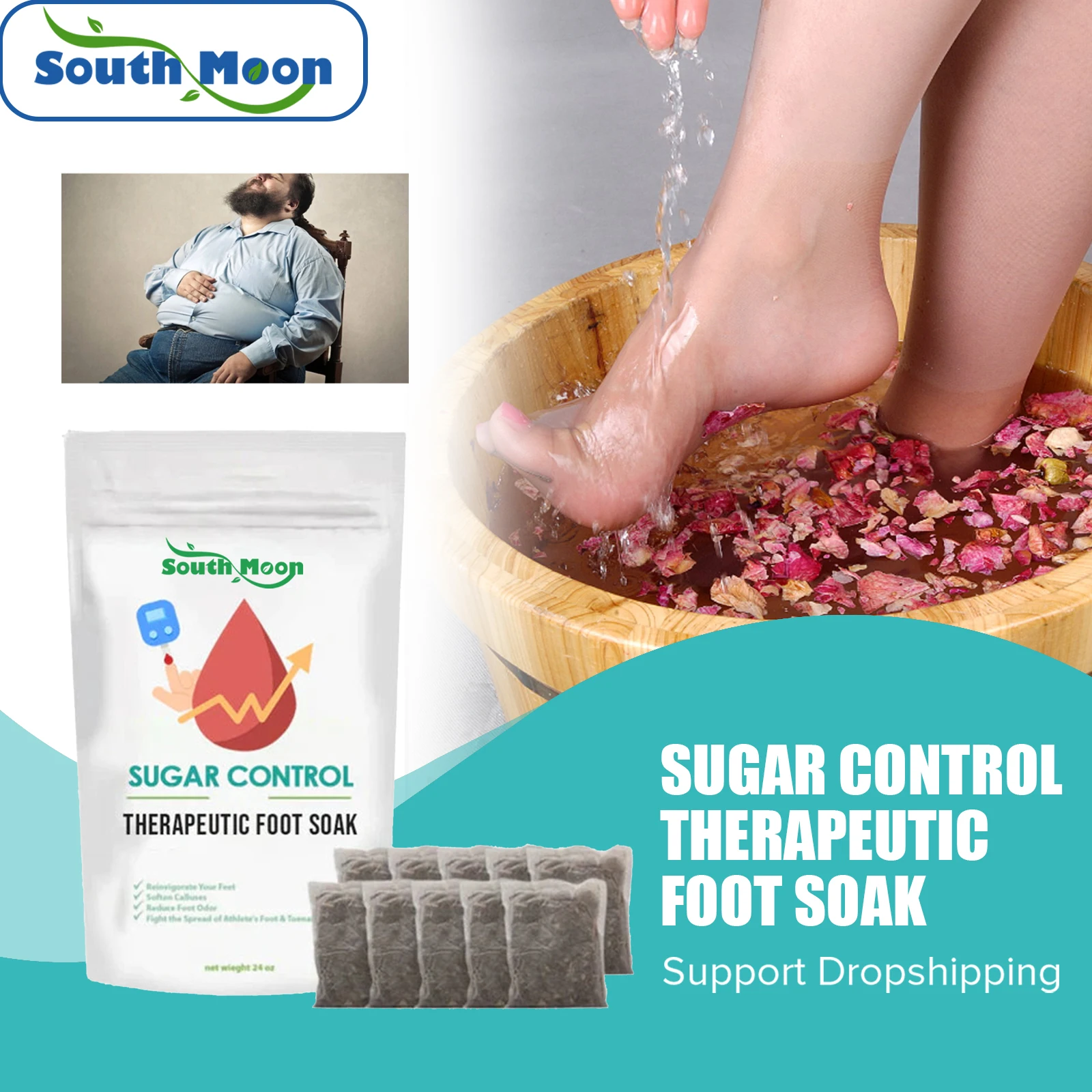 

South Moon Diabetes Treatment Sugar Control Therapeutic Chinese Herb Foot Soak Bags Detox Glycemic Support Health Care Products