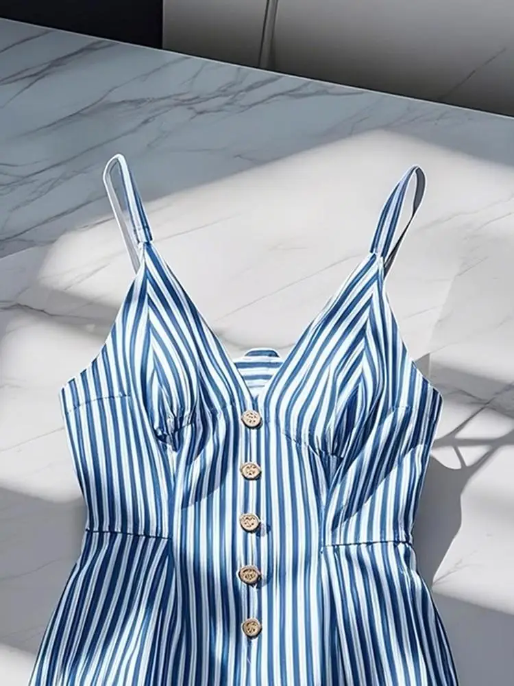French Elegant Fashion Striped Tank Top Women's Summer Blue White Button-Up Sleeveless Sexy Shirt Female Casual Chic Slim Blouse