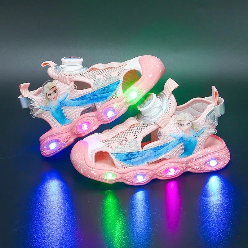 Disney cartoon sandals for girls Summer new Elsa Princess Shoes kids led luminous slippers Sports rotating button shoes