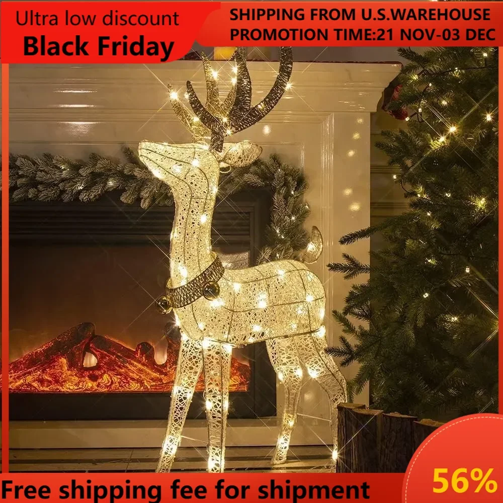 48” 70 LT Pre-Lit Christmas Glittering Reindeer with Gold Jingle Bell and Twinkle Light Outdoor Holiday Mesh Standing B