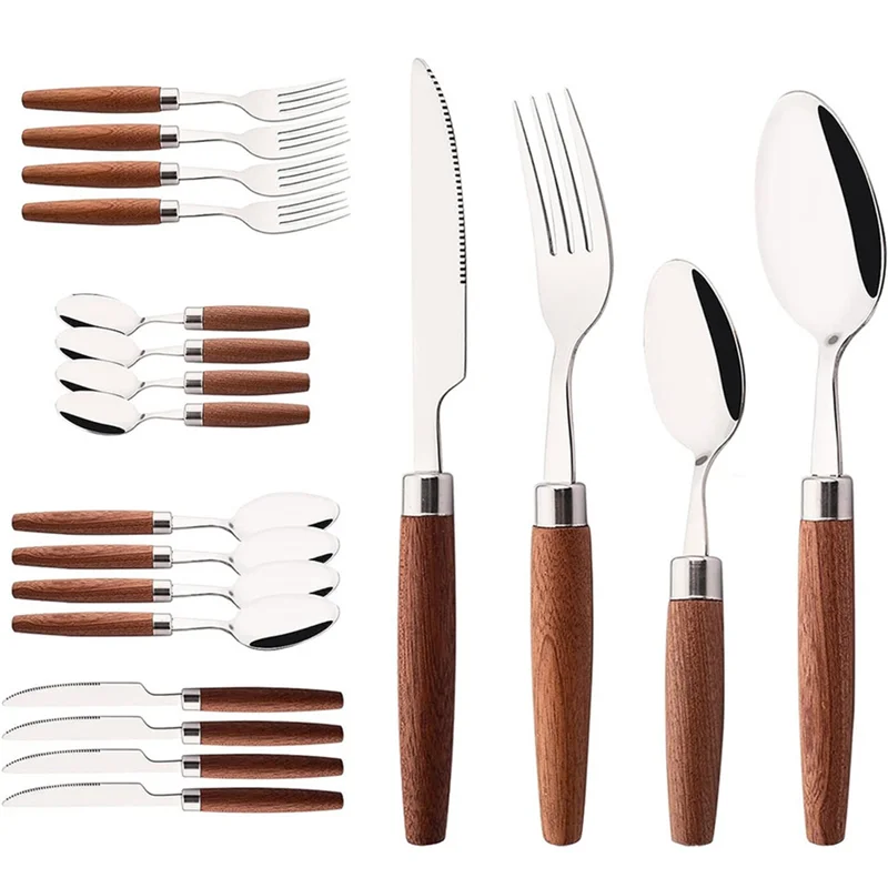 -SPOR Stainless Steel Imitation Wood Handle Cutlery Set Western Cutlery Knife, Fork, Teaspoon Cutlery Set