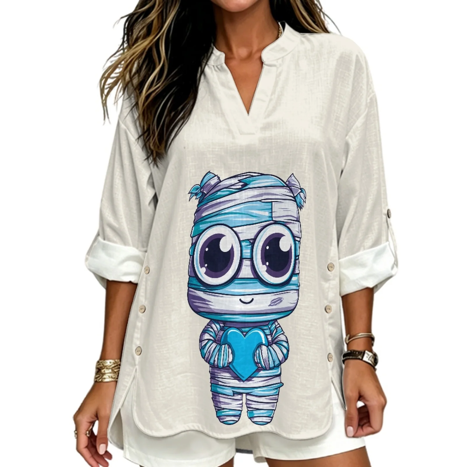PENSTROLL Cute Mummy Cartoon Linen Like Casual Blouses Roll up Loose Fit Blouses for Women Sizes S-5XL