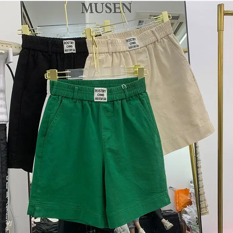Damen Shorts Sommer Baumwolle lose elastische Taille Shorts weibliche einfarbige grüne Khaki