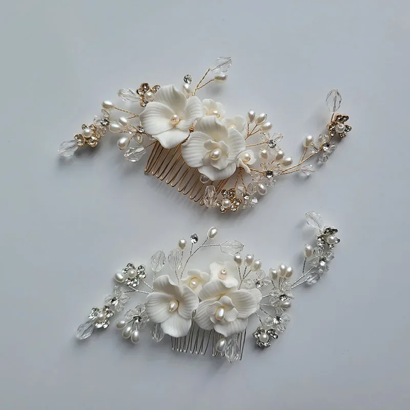 

SLBRIDAL Handmade Crystal Rhinestones Pearls Porcelain Flower Bridal Hair Comb Wedding Hair Accessories Women Girls Hair Jewelry
