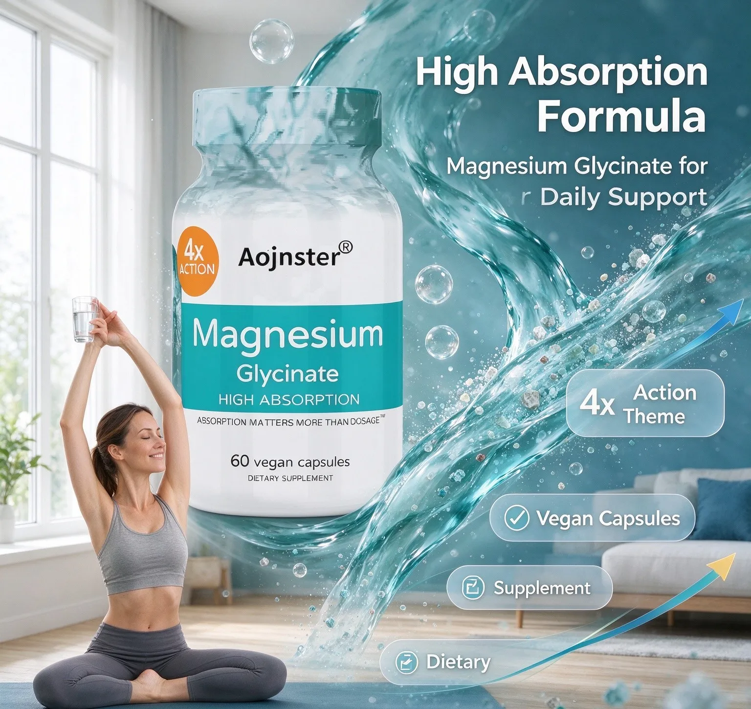 Magnesium Glycinate Vegan Capsules, 4X High Absorption Formula, Easy to Swallow,Dietary Supplement,Vegan Capsules for Daily Use