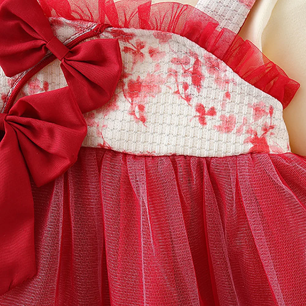 Fall New Girls\' Dress Two-piece Halter Lace Lace Pleated Chinese Style Bow Ribbon Mesh A-line Dress (Girls 0-3 Years Old)