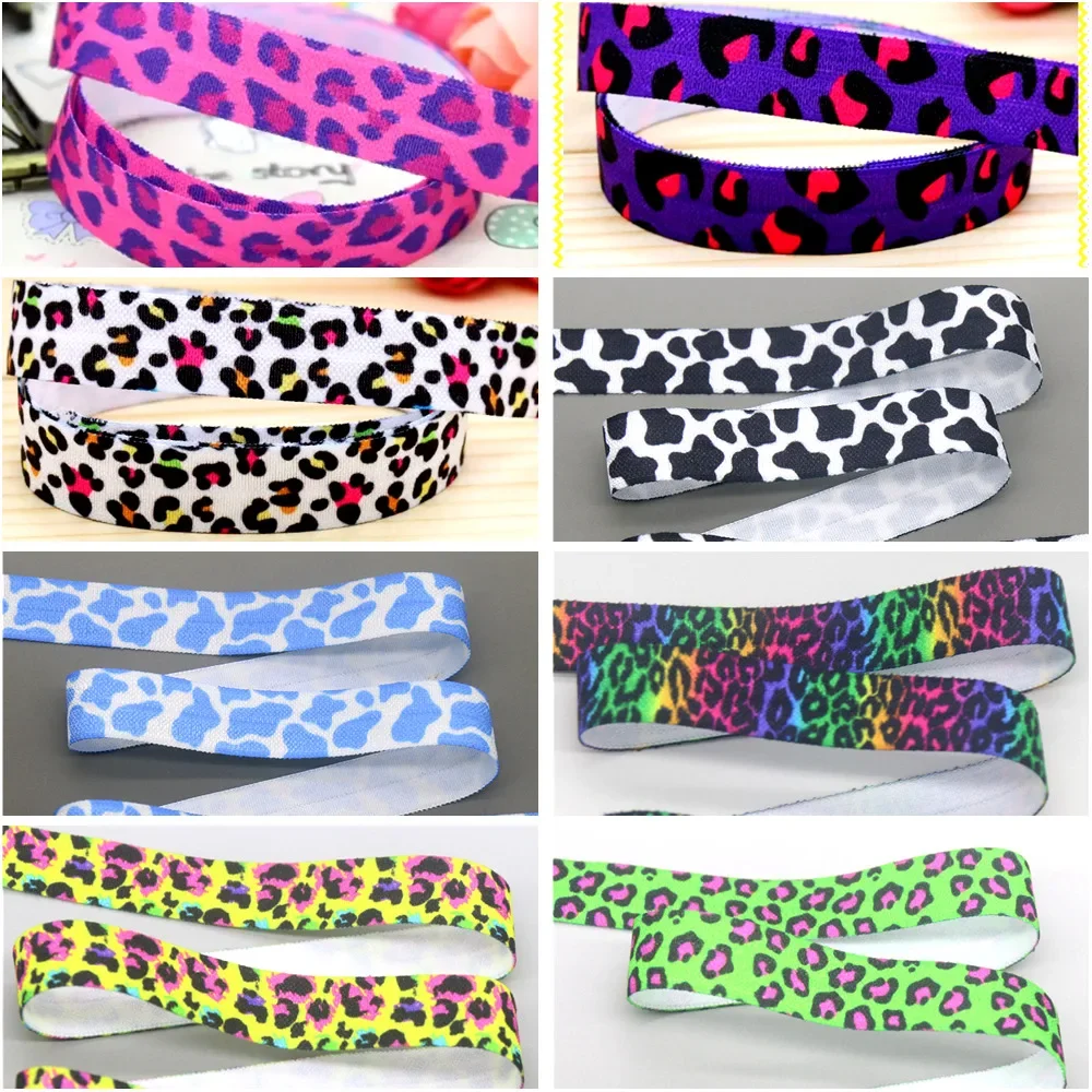 DHK 5/8\'\'5yards Zebra Leopard Cow Gradient Printed Fold Elastic FOE Stretch Ribbon Hairbow Headwear Headband DIY OEM C1890