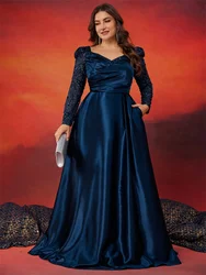 Lucyinlove Plus Size Elegan V-neck Satin Blue Evening Dress Women Long sleeve Sequin Party Prom Floor Lenght Cocktail Dresses