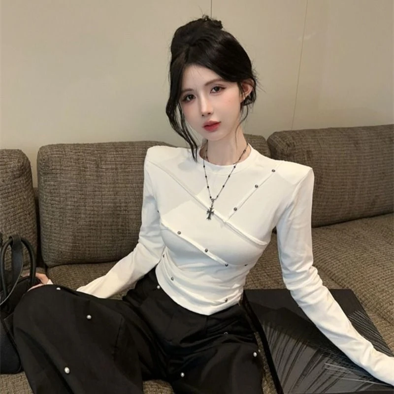 

Women Autumn Winter Short Shoulder Pad T Shirt American Style Rivet Long Sleeve Pure Desire Hot Girl Solid Color Inner Wear