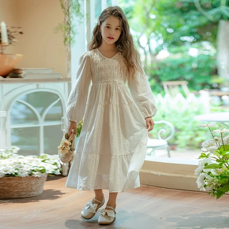2025 Spring and Autumn New Girls Cotton Yarn Hollow Embroidery Pulling Dress French Long Sleeve Dress for Girls