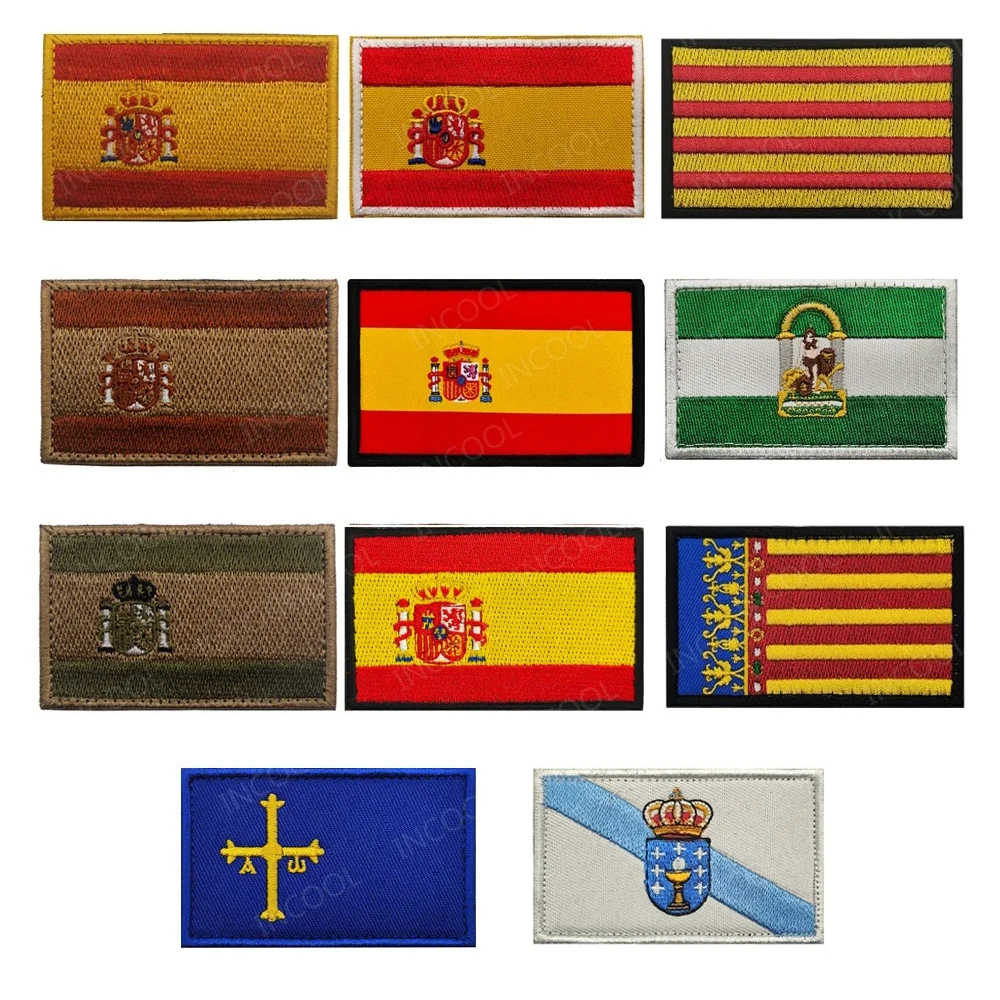 Galice Cataluña Valencia Andalucía Asturias Bandera Española Parches Tácticos Insignias Bordadas para Mochilas Accesorios de Ropa