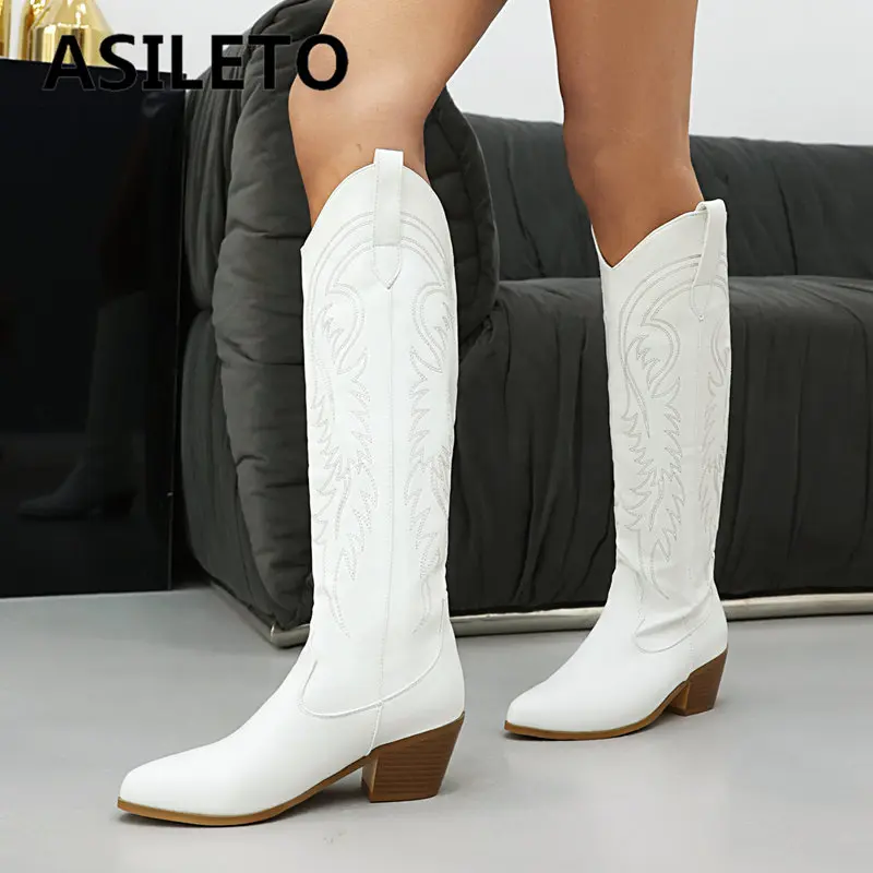 ASILETO Brand Women Western Long Boots Poined Toe Block Heels Slip On Embroidery Plus Size 44 45 46 Casual Daily High Booties