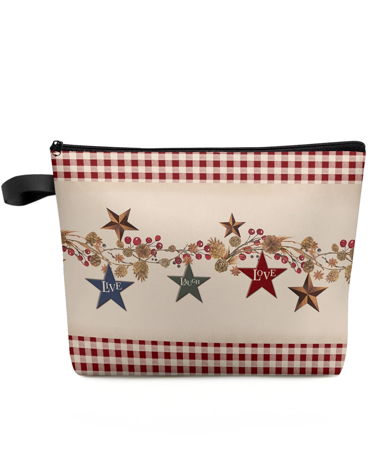 

Vintage Red Plaid Star Farm Big Printed Pouch Cosmetic Bags Bridal Party Make Up Bags Toiletry Organizer Travel Cases