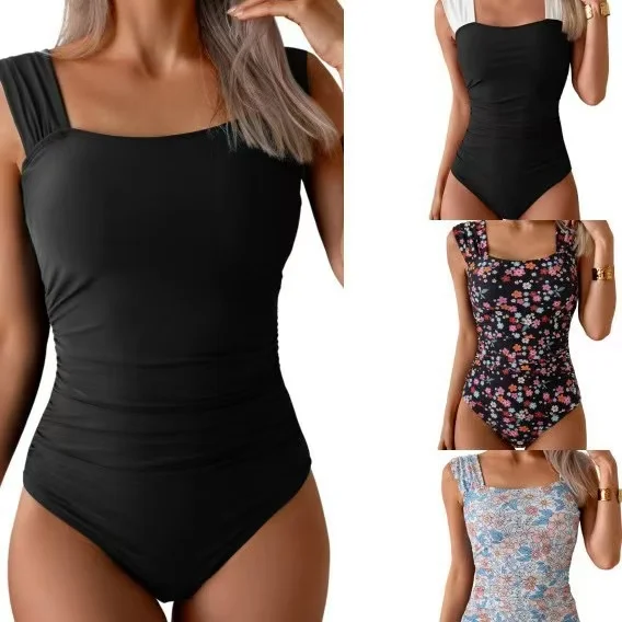 Womens One Piece Swimsuit Retro Sexy Square Neck Ruched Tummy Control Bathing Suits Beach Vacation Hot Springs High Waist Bikini