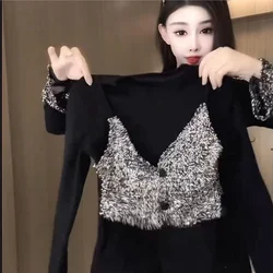 Fashionable Fake Two-Piece Top Light Velvet Autumn Winter New Style Heavy Sequin Slimming Women's T-Shirt round Neck PU Material