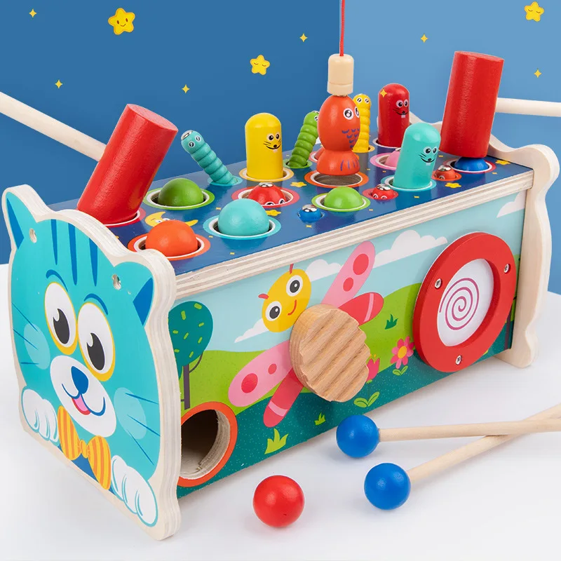 LazyChild Wooden Cartoon Cat Xylophone Whack A Mole Toy Parent Child Interactive Early Educational Toy