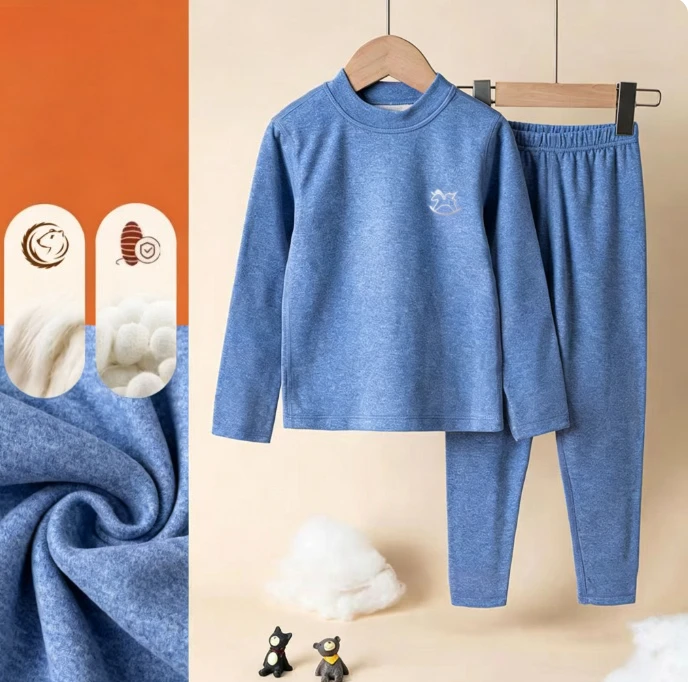 Kid Double Sided Brushed Thin Fleece Seamless Crew Neck Slim Fit Boys Girls Warm Long Johns Autumn Winter Base Layer Thermal Set