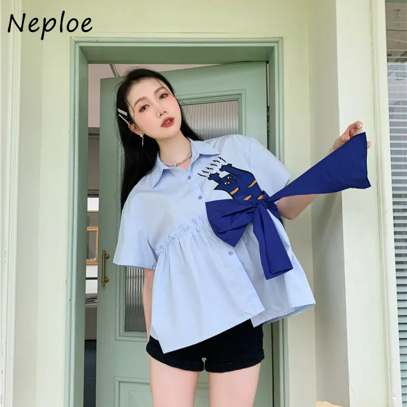 Neploe Japanese Butterfly Tied Flowers Light Blue Shirt 2024 Summer Creative Cartoon Print Unique Chic Blouse Sweet Casual Blusa