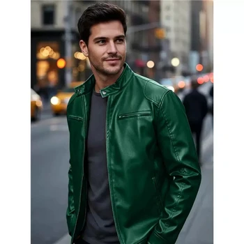 Men's PU leather jacket stand-up collar slim-fit vintage-style biker jacket spring/fall top 6
