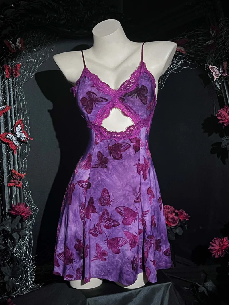 Sexy Purple Floral Suspender Vneck Tank Mini Dress Sexy Lace Big Backless Pure Desire Sleepwear Dress Elegant Sweet Women OE7P