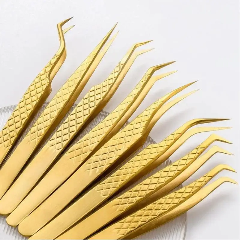 1Pcs Fiber Tip Gold Stainless Steel Lash Pickup Tool Eyelash Extension Tweezers For Volume Fans Classic Lash Isolation