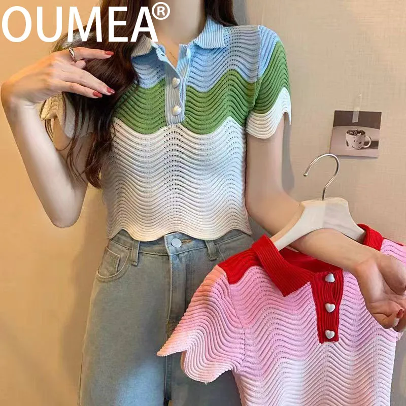 

OUMEA Women Knitting Crop Polo Shirts Summer Short Sleeve Cute Going Out Slim Fit Tops