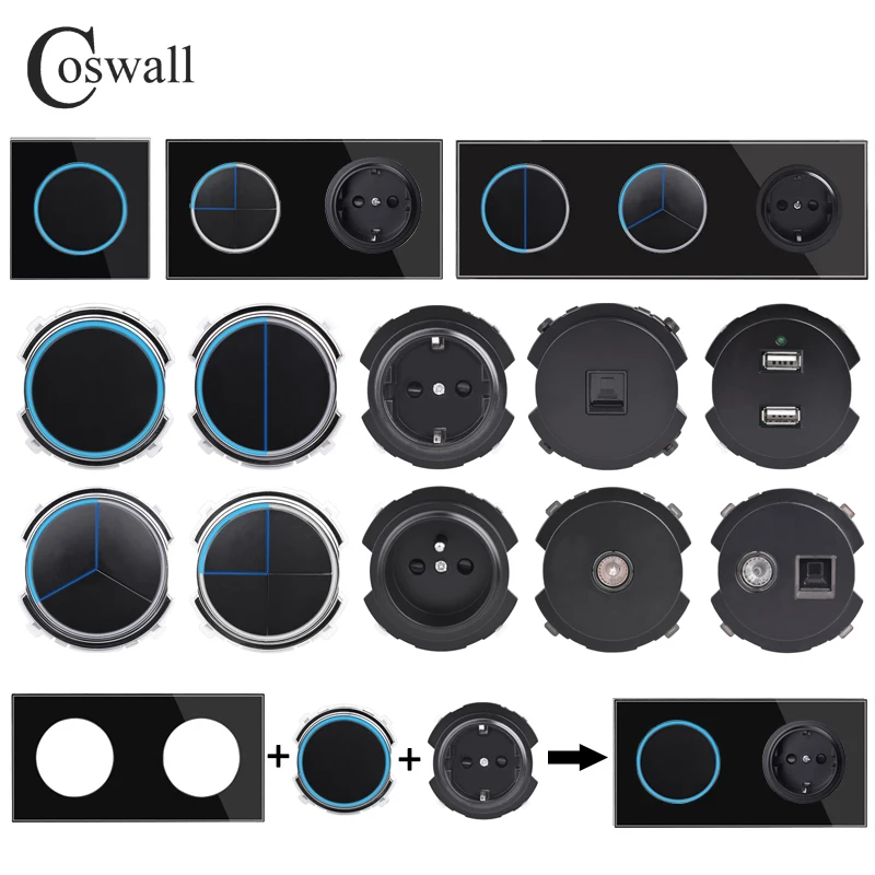 Coswall-ウォールライト用強化ガラスパネル,黒,青,大口径バックライト付き