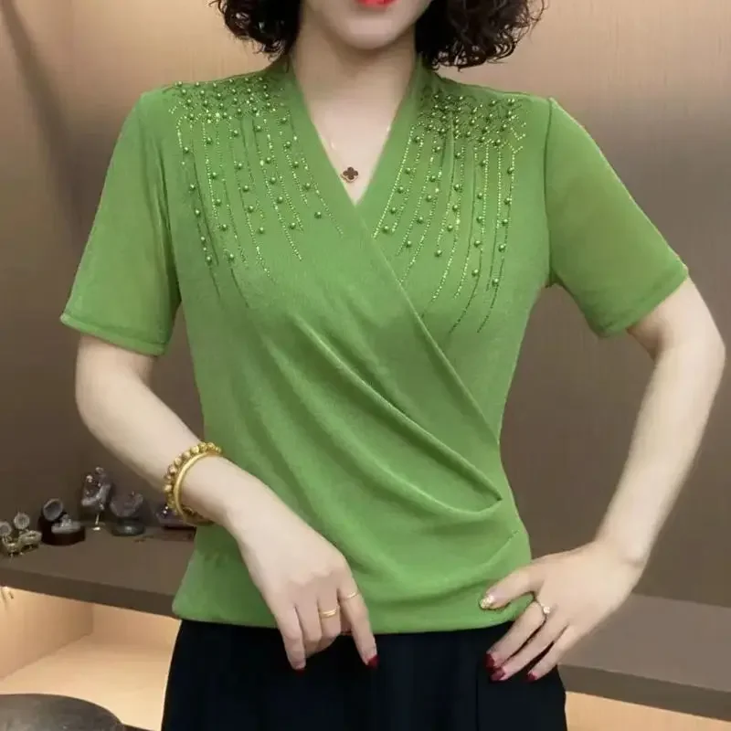 

New Summer Hot Diamond Solid Color Beaded V-neck Short-sleeved T-shirt Women Versatile Loose Top