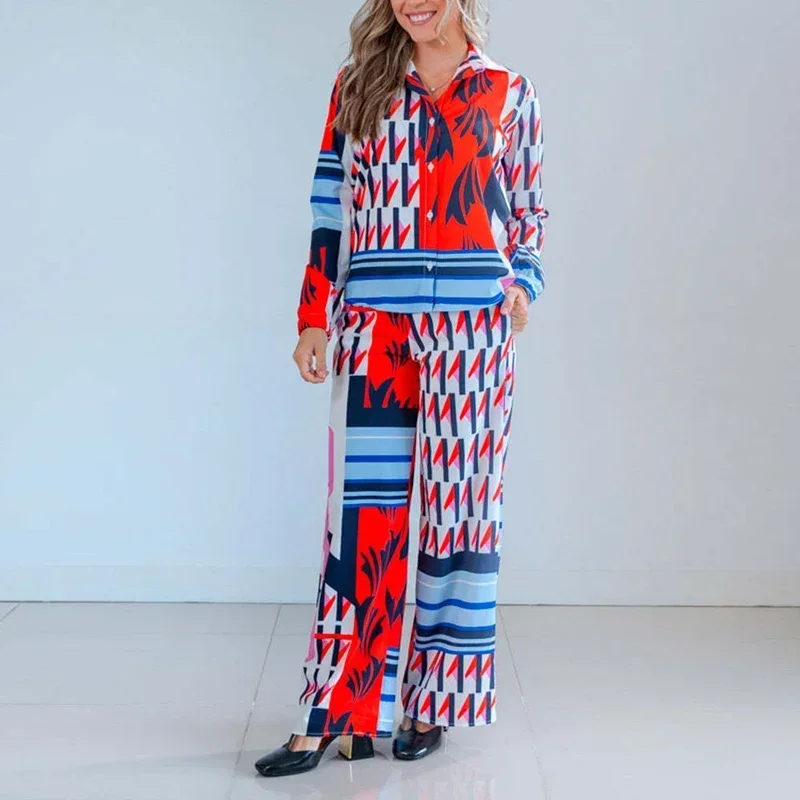 

Casual Blue Pattern Print Women Set Long-sleeve Shirt Tops Tie-up Wide Leg Trousers Suit Office Lady Fashion Loose Pants Outfits