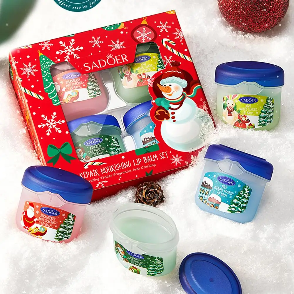 [SADPER] صندوق هدايا عيد الميلاد بلسم الشفاه مرطب متين، هدية عيد الميلاد النسائية المغذية أحمر الشفاه 4 قطع/صندوق مجموعة مكياج الشفاه