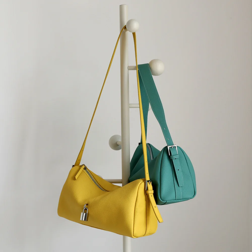 

Luxury Designer LOCK Handbags Soft Horizontal Cylindrical Shape Pillow Bag Leather Women Shoulder Bag Yellow Sky Blue Purse Gift
