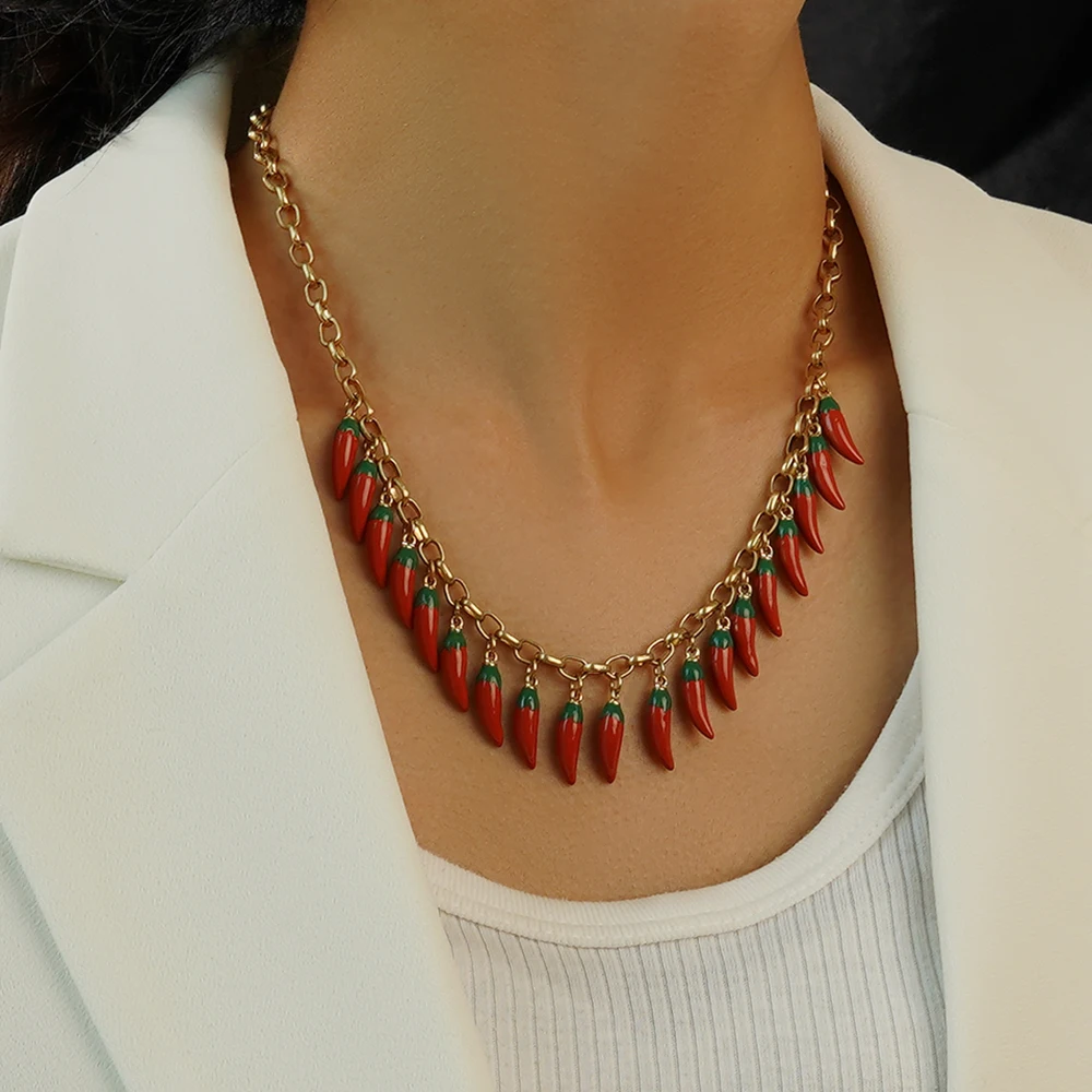 Fashion Trends Red Chilli Tassels Pendant Necklace Vegetable Adjustable Jewelry Banquet Party for Women Gifts