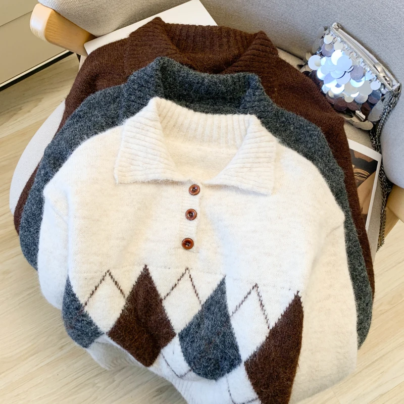 المرأة الأبيض بولو الرقبة فحص البلوز سترة 2000s خمر الكورية نمط طويلة الأكمام مريحة سترة الكشمير المعنقة لملابس حريمي #4