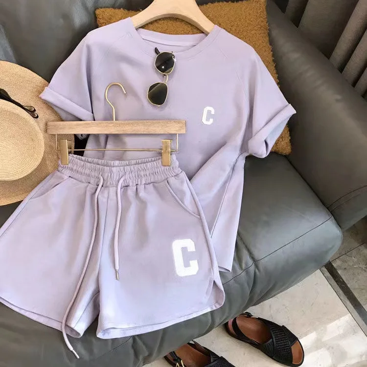 Letter Embroidery Fashion Casual Round Neck Short Sleeved Comfortable Shorts Female Summer New Loose Simplicity Two Piece Set