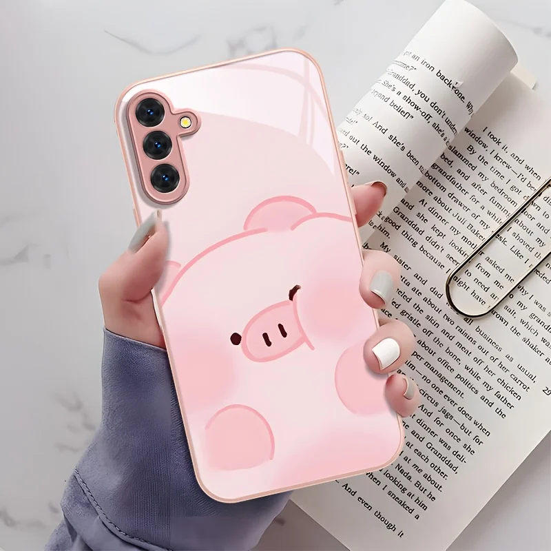 Cartoon pink pig glass phone case suitable for Samsung Galaxy S26 S25 S24 S23 S22 S20 FE/Ultra/Plus anti drop back cover
