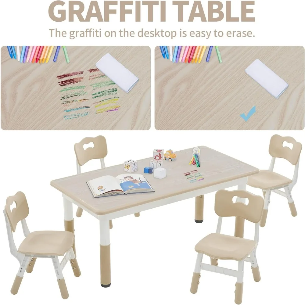 Toddler Table and Chairs Set for 4, 47.2\'\'L x 23.6\'\'W Kids Study Table and Chair Set, Height-Adjustable, Graffiti Desktop