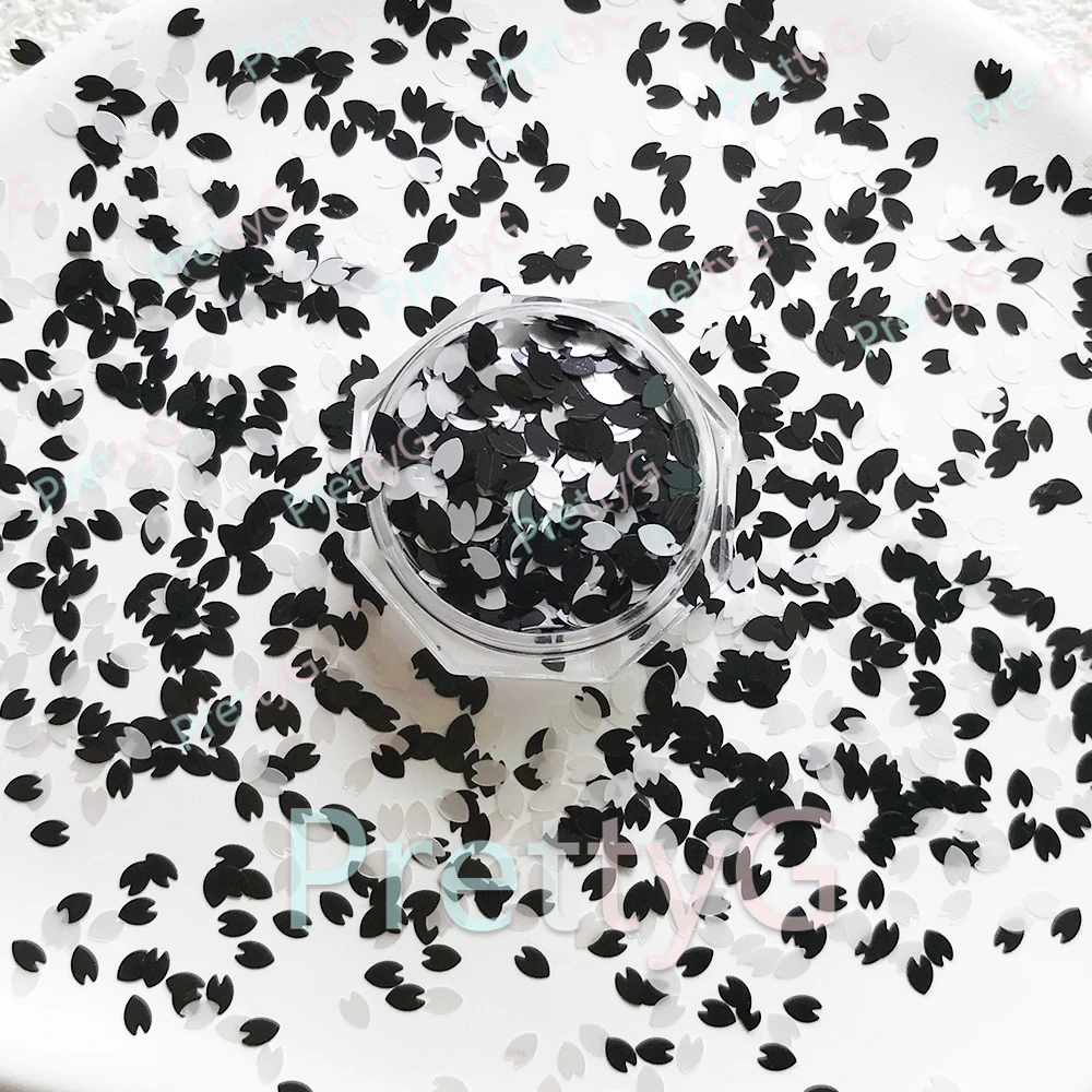 PrettyG 1 Box 3mm Sakura Petal Flower Glitter Black White Pink Sequins 3D Cherry Blossoms Glitter For DIY Nail Art Decorations
