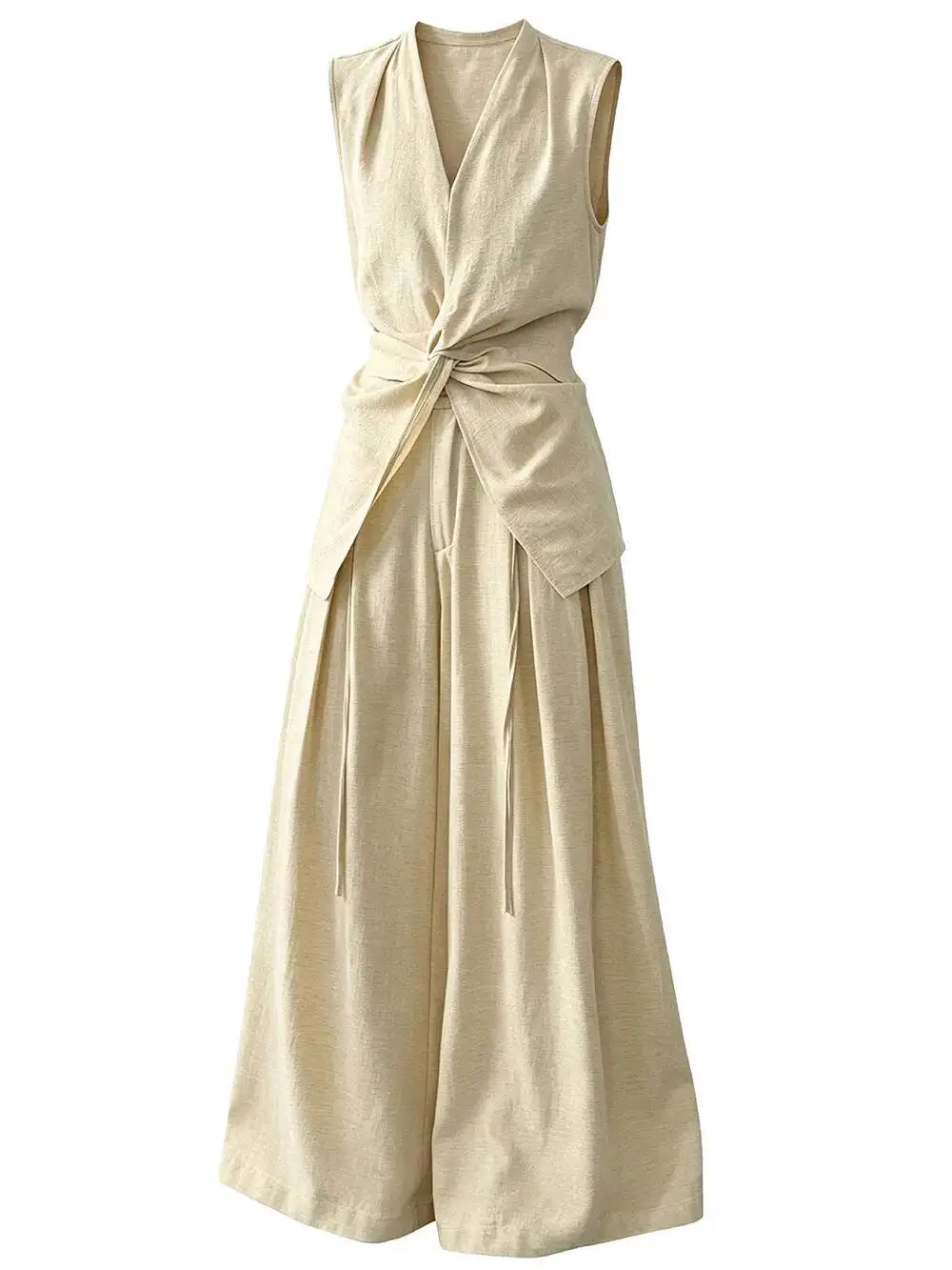 Women Two-piece Set V-neck Twisted Sleeveless Tank Tops And Wide-leg Pants 9% Linen Summer Suit