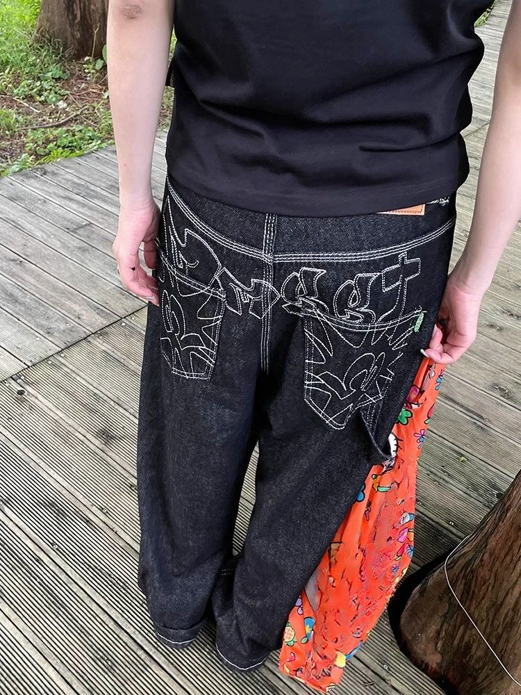

Plus Size American Embroidery Wide Leg Jeans Women High Waist Loose Dark Retro Straight Trouser 90s Y2k Design Casual Long Pants